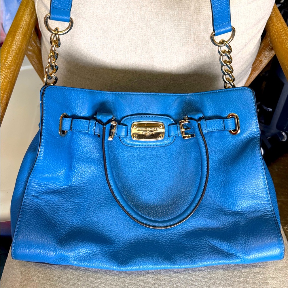 Michael Kors Large Blue Handbag with Shoulder Crossbody Strap & Gold Hardware